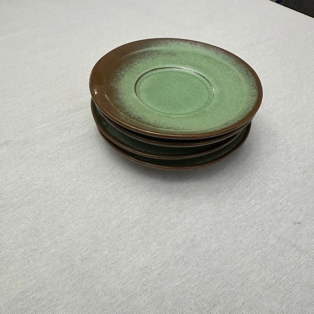 Vintage Frankoma‎ Pottery 6E Saucers Set 4p Woodland Moss Green Brown Plainsman